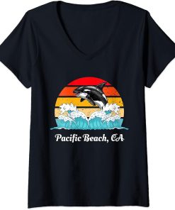 Womens Vintage Pacific Beach CA Distressed Orca Killer Whale Art V-Neck T-Shirt