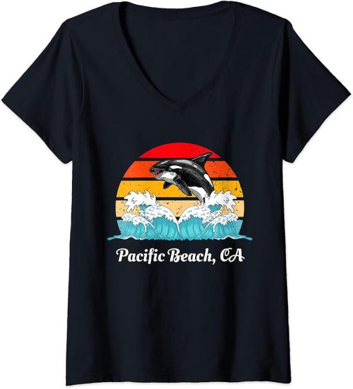 Womens Vintage Pacific Beach CA Distressed Orca Killer Whale Art V-Neck T-Shirt