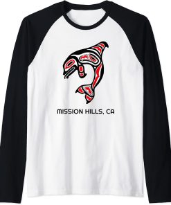 Mission Hills, California Native American Orca Killer Whales Raglan Baseball Tee