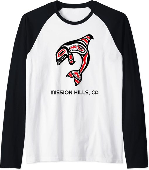 Mission Hills, California Native American Orca Killer Whales Raglan Baseball Tee