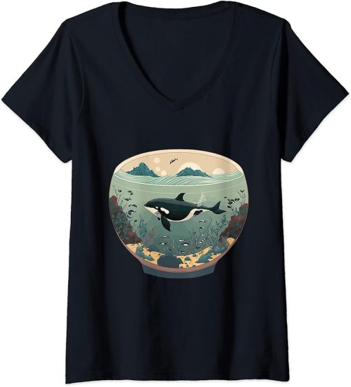 Womens Orca Whale in Fish Bowl Orca in Aquarium Free The Orcas V-Neck T-Shirt