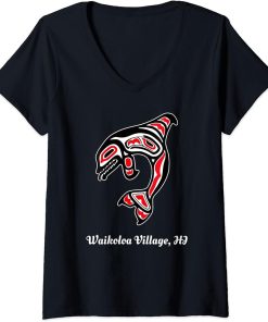 Womens Native Waikoloa Village Hawaii Red Orca Killer Whale V-Neck T-Shirt