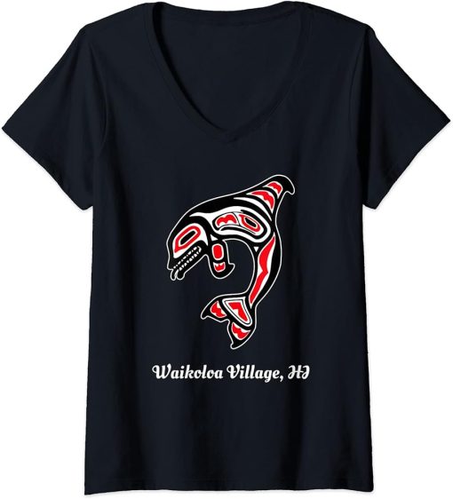 Womens Native Waikoloa Village Hawaii Red Orca Killer Whale V-Neck T-Shirt