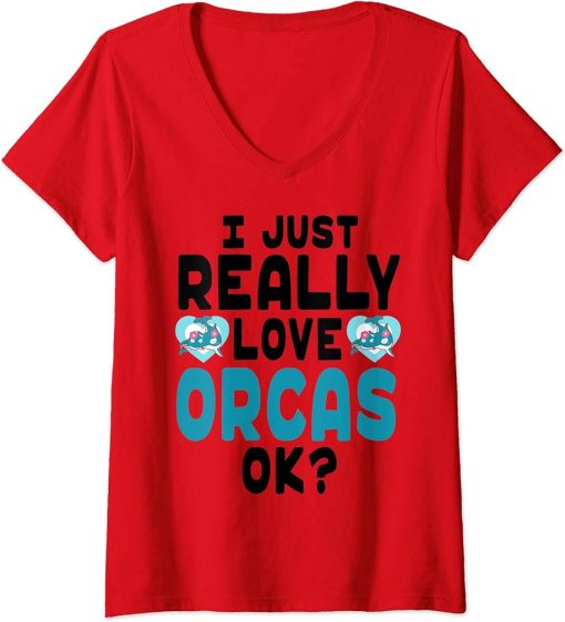 Womens Cute Kawaii Orcas - I Love Orcas OK V-Neck T-Shirt